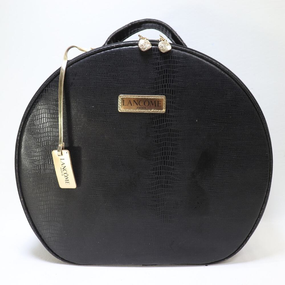 Lancôme Paris Train Case Black Faux Patent Leather Croc Embossed Travel Bag READ